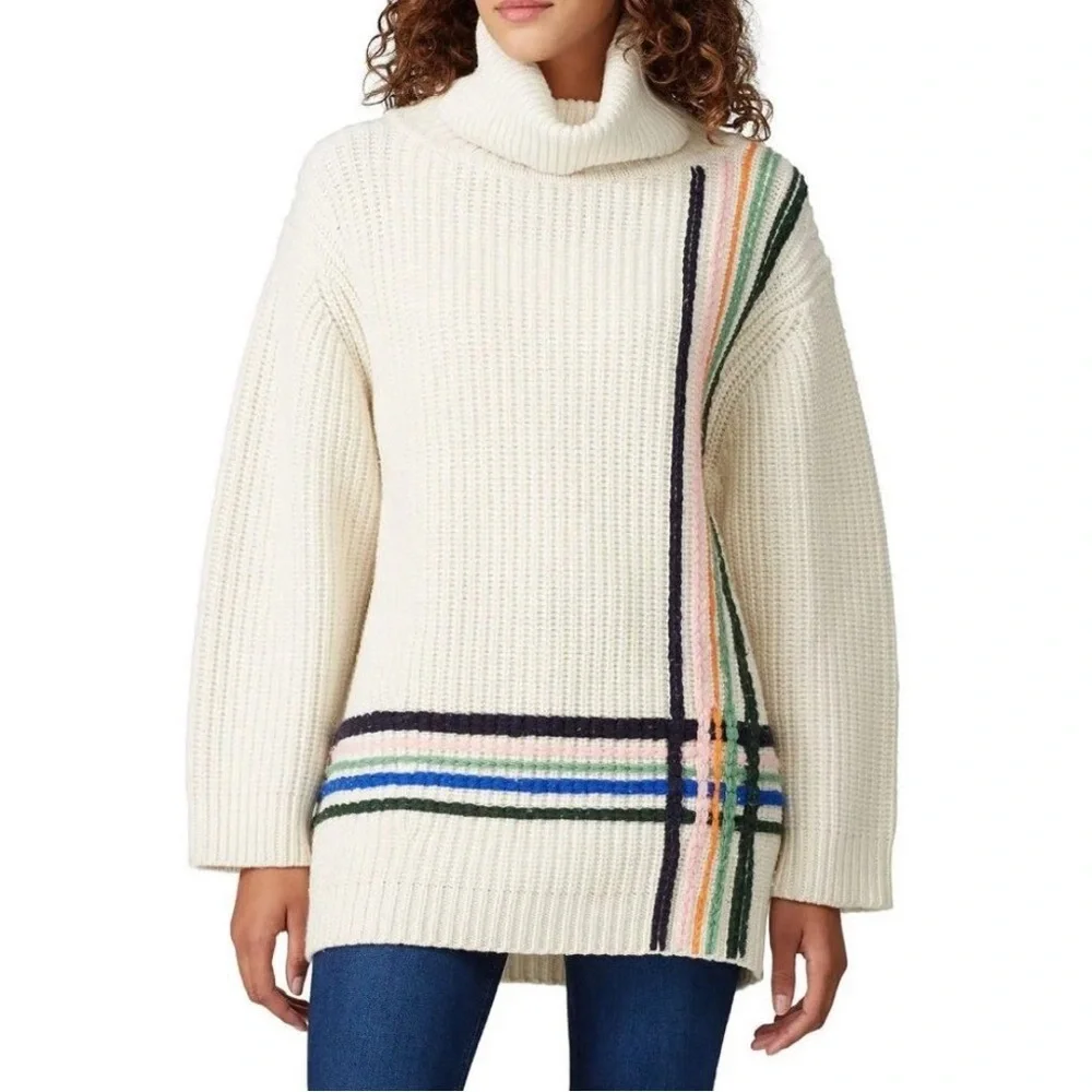New! Tory Burch Sport Wool Cream Turtleneck Sweater with Multicolor Stripes 🤍 XS